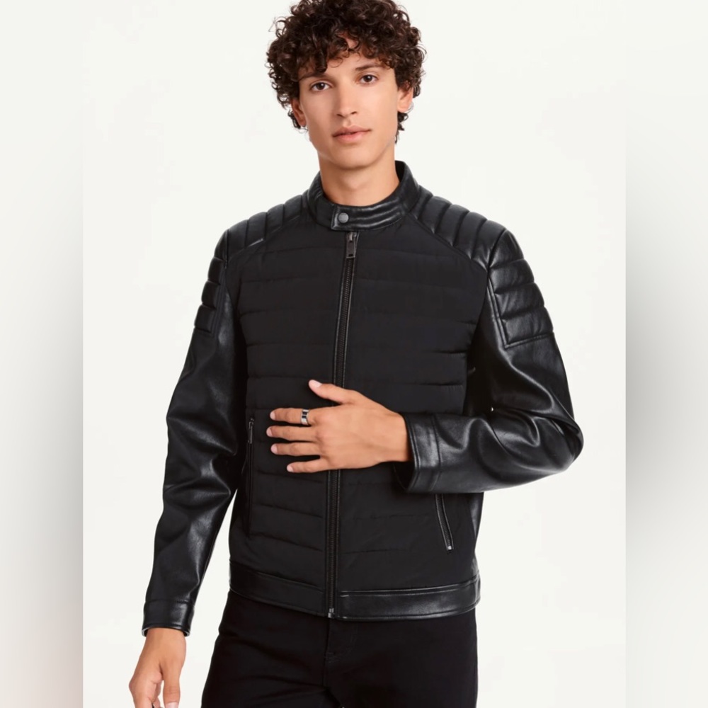 DONNA KARAN FAUX-LEATHER CONTRAST MOTOCROSS JACKET USED